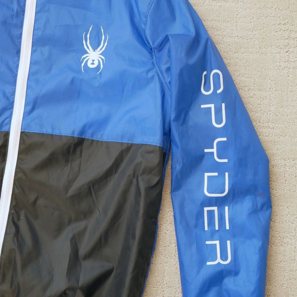 Spyder Mens Blue Black Colorblock Full Zip Hooded Windbreaker Jacket Size Medium